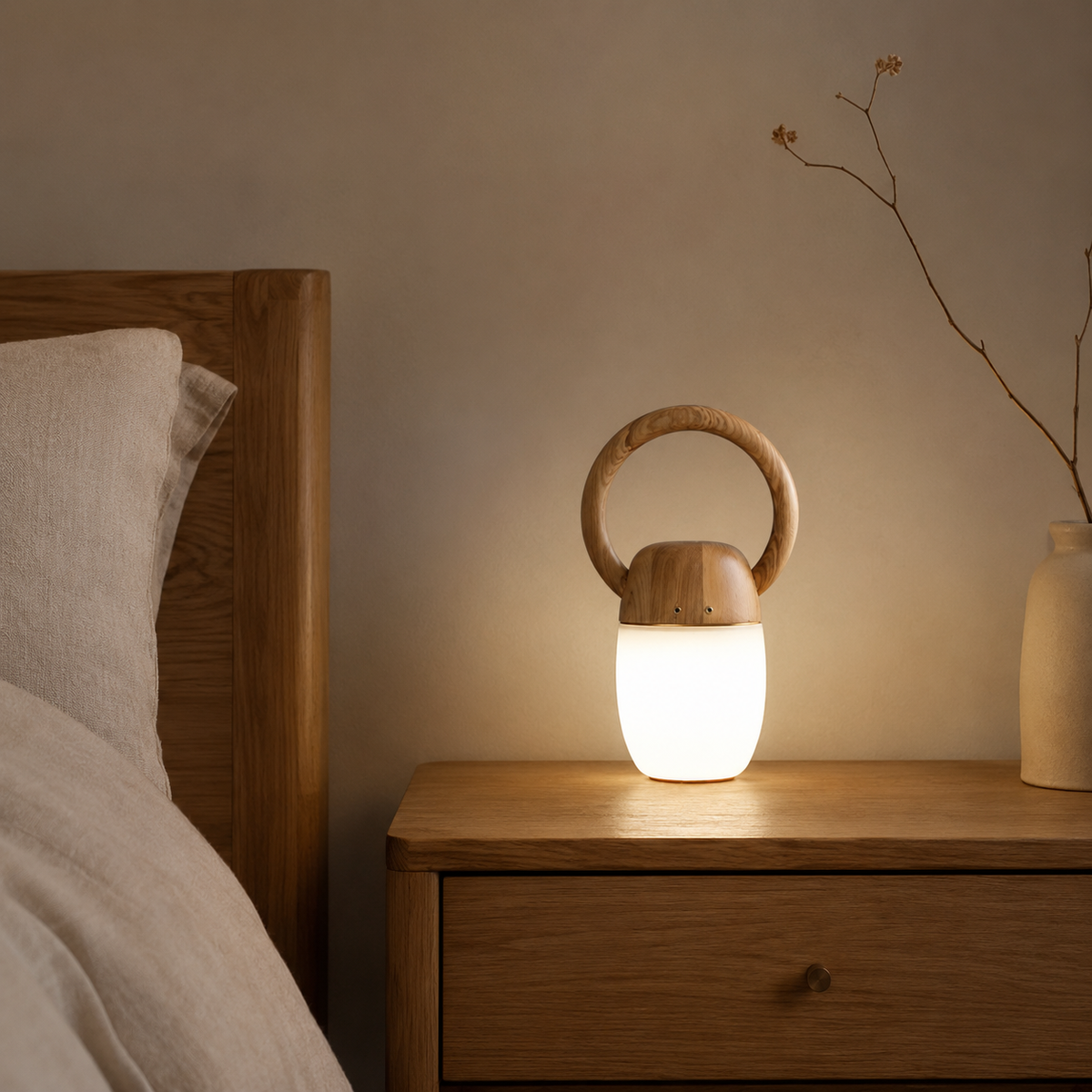 Form and silhouette detail of Ring Handle Wood Lantern Table Lamp