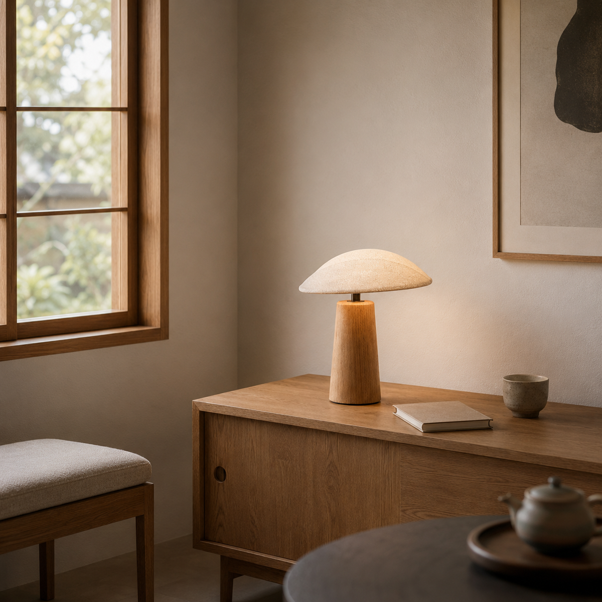 Natural material texture detail of Linen Cloud Wooden Table Lamp