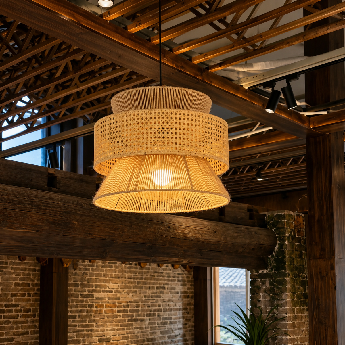 Joinery and hardware detail of Sunset Loom Hourglass Pendant Light
