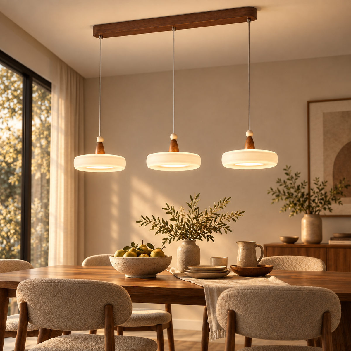 Joinery and hardware detail of Mid-Century Champagne Linear 3-Light Pendant