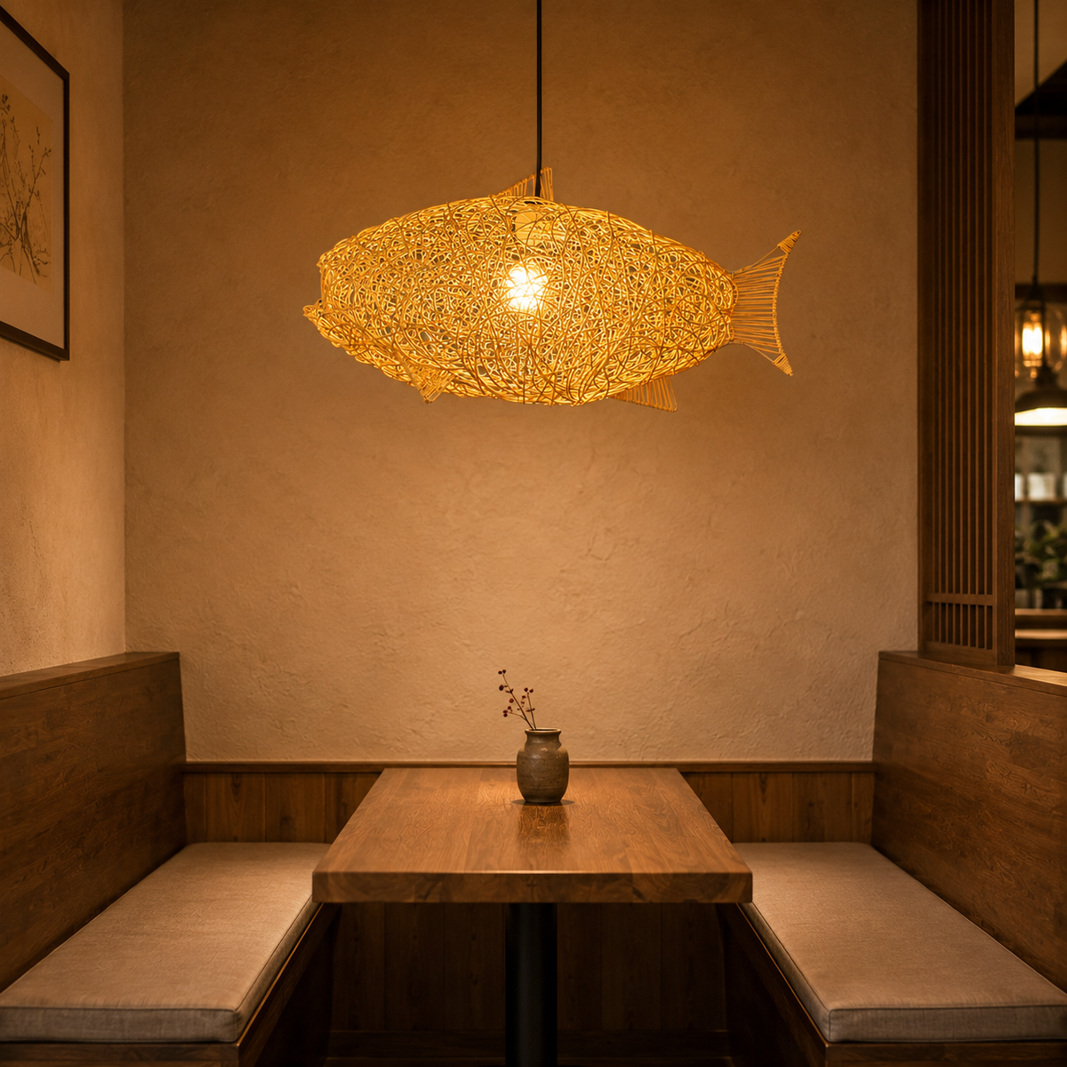 Form and silhouette detail of Riverfin Rattan Pendant Light