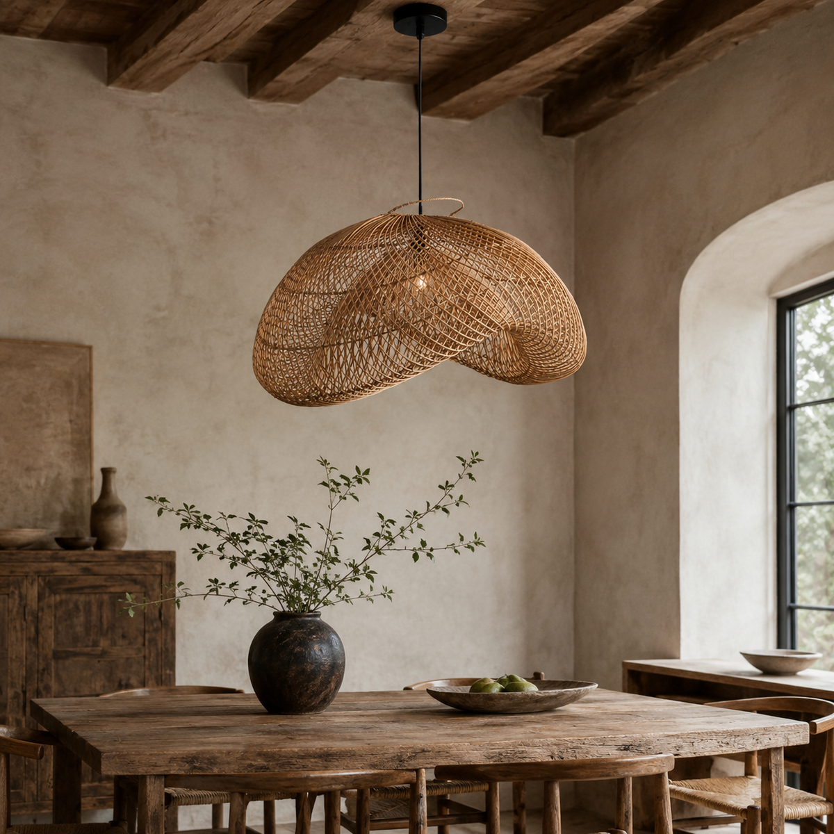 Finished craftsmanship detail of Wabi Rattan Dome Pendant Light