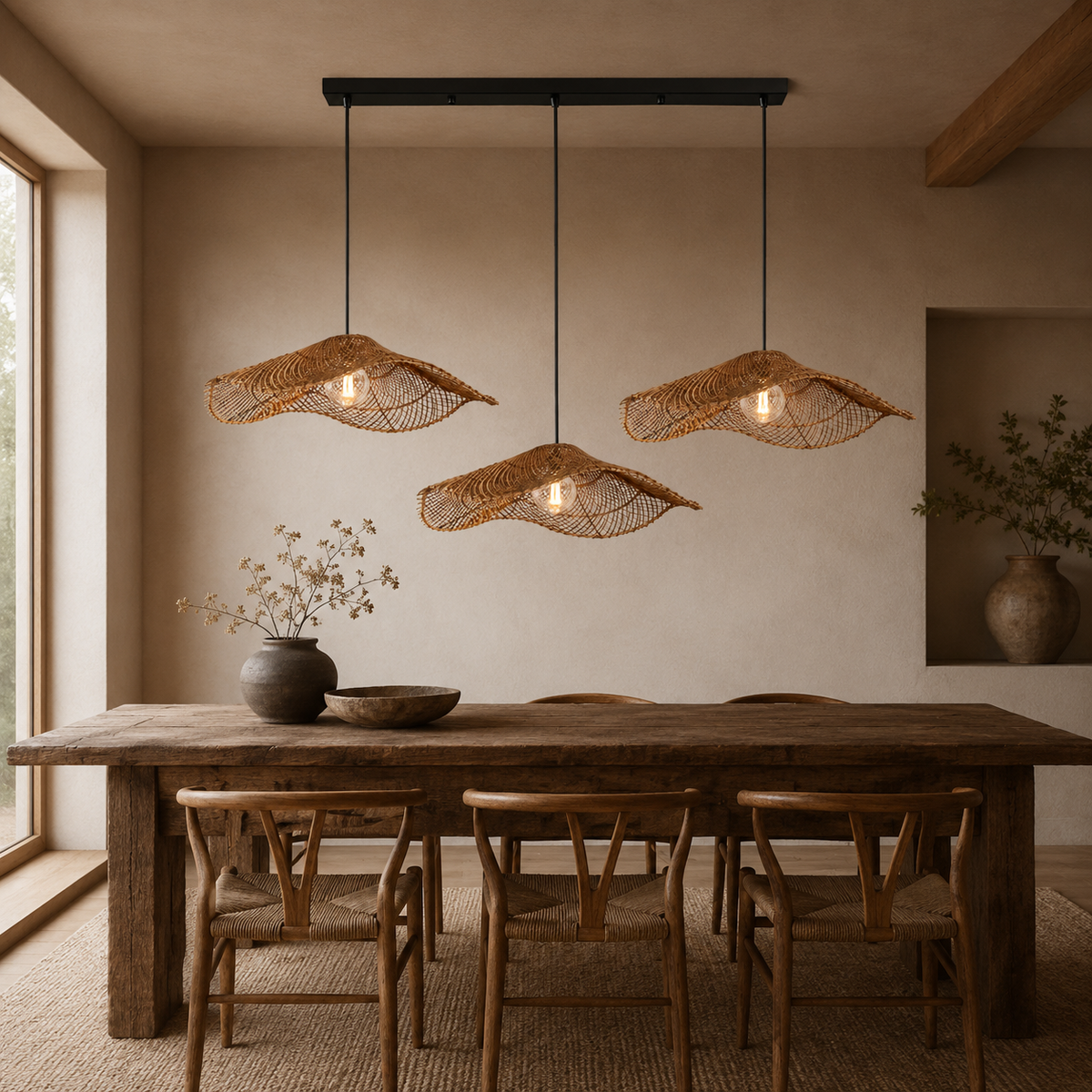 Form and silhouette detail of Wabi Rattan Wave Pendant Light