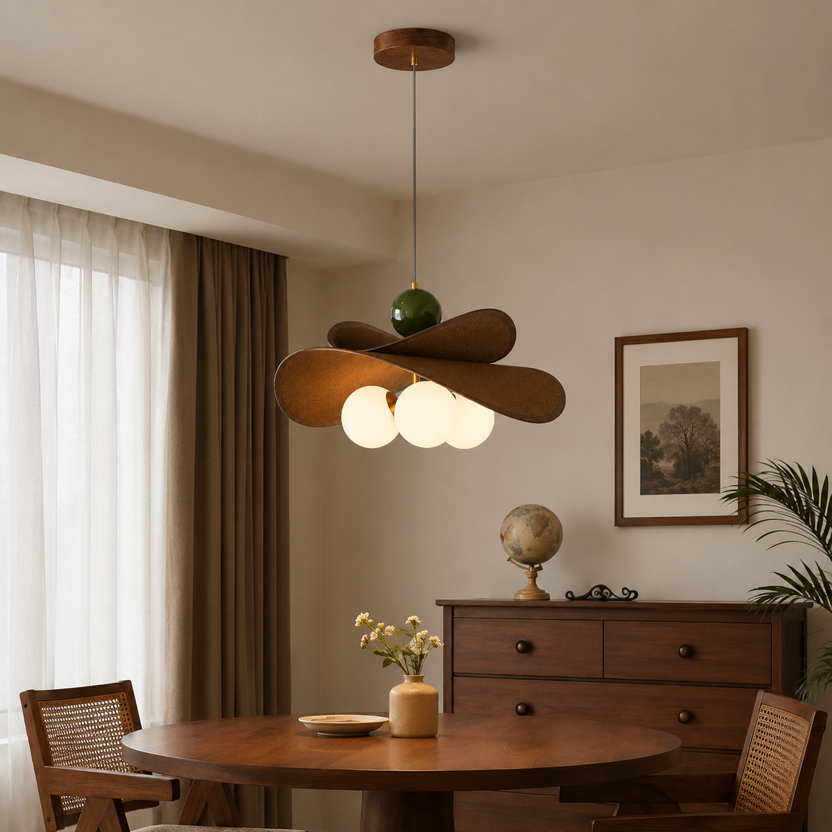 Form and silhouette detail of Walnut Glass Globe Pendant Light