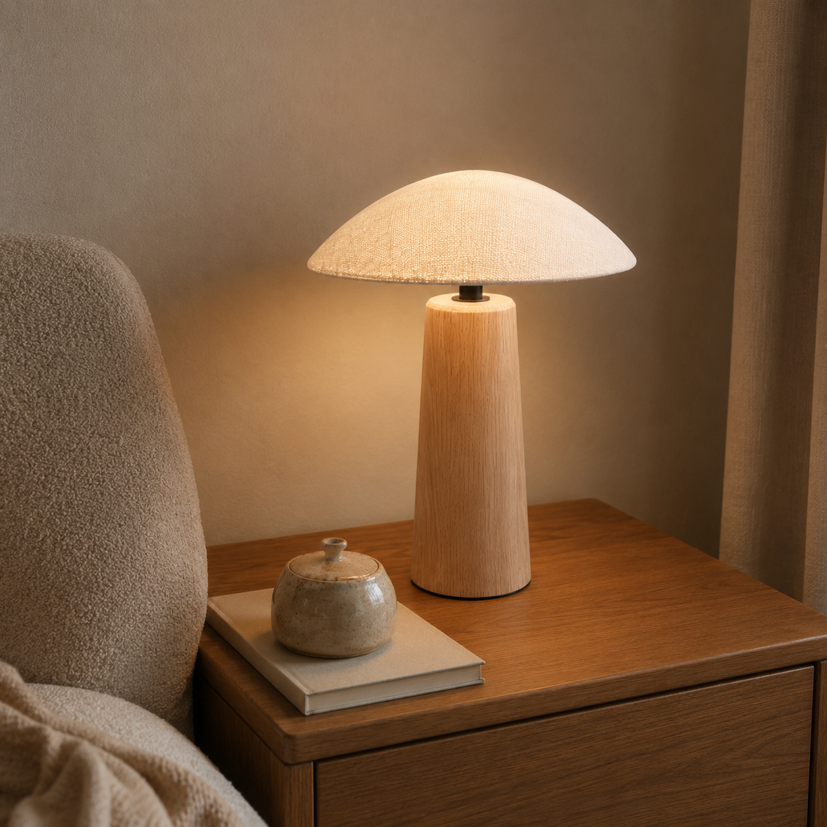 Finished craftsmanship detail of Linen Cloud Wooden Table Lamp