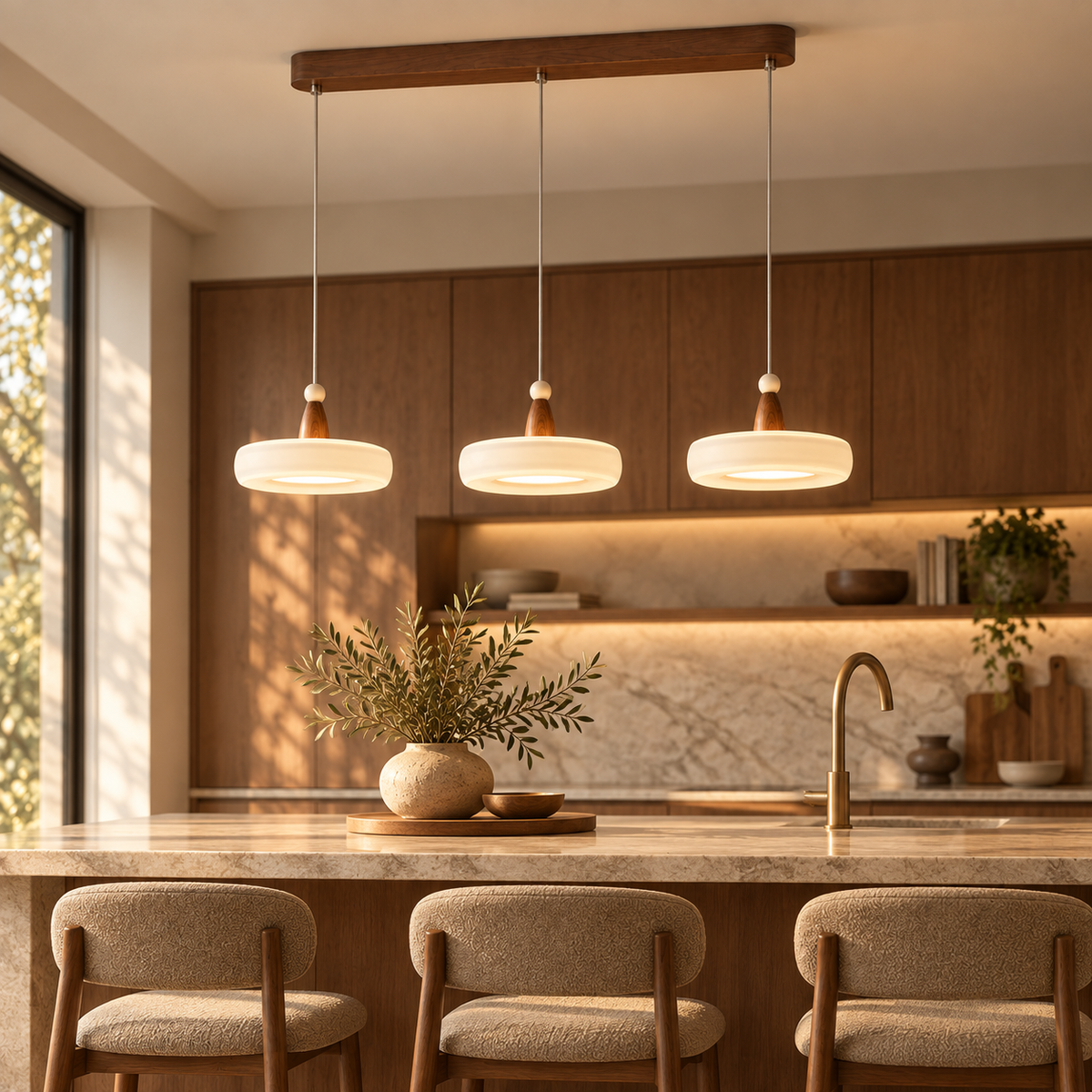 Finished craftsmanship detail of Mid-Century Champagne Linear 3-Light Pendant