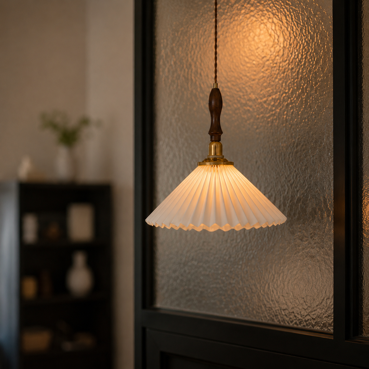 Joinery and hardware detail of Arden Pleated Dome Pendant