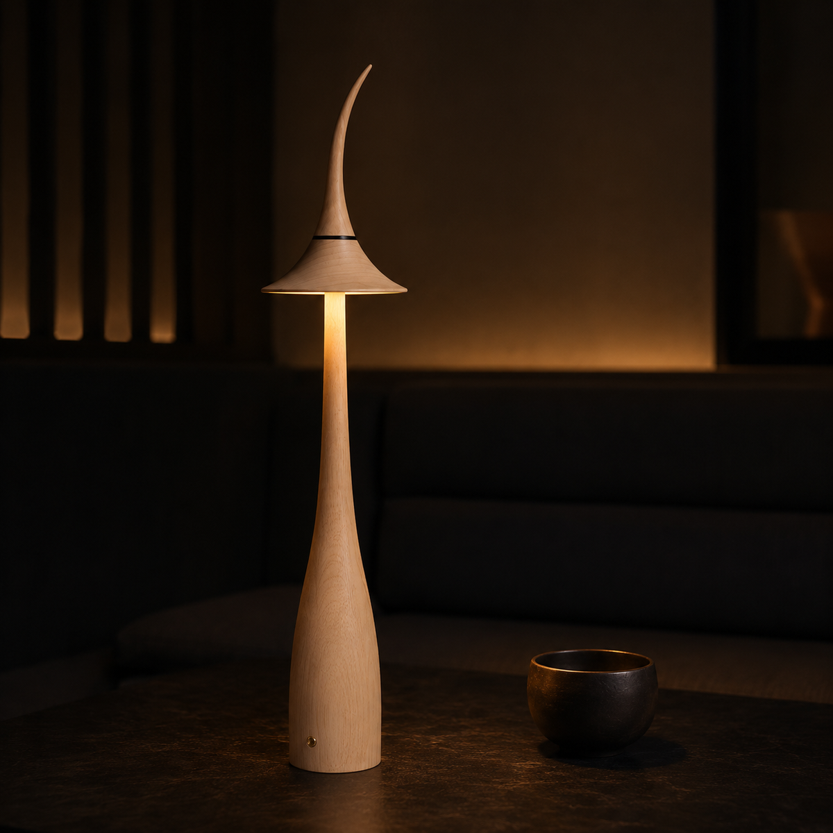 Form and silhouette detail of Noma Maple Wood Cordless Table Lamp