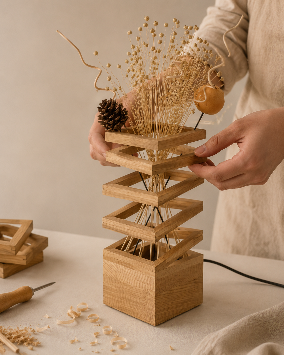 Joinery and hardware detail of Zen Stack Wood Table Lamp with Dried Botanicals