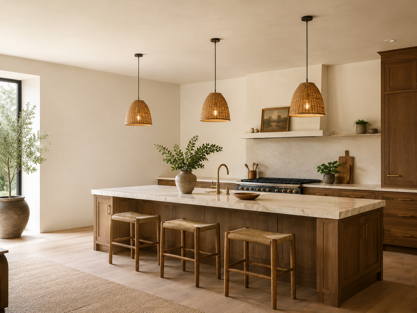Three evenly spaced rattan pendant lights above a warm modern kitchen island