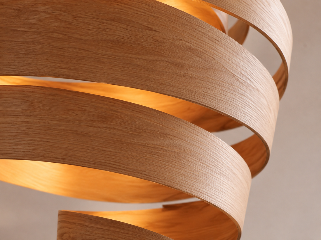 Spiral Wood Chandelier — sculptural natural wood veneer chandelier on white background