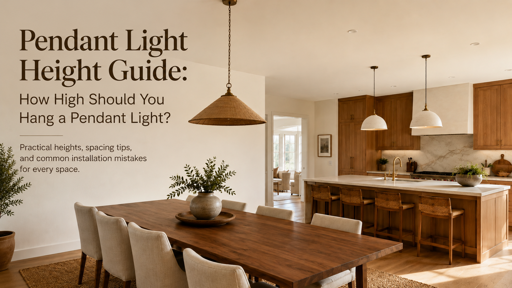 Pendant lights installed at balanced heights in a warm modern dining and kitchen interior