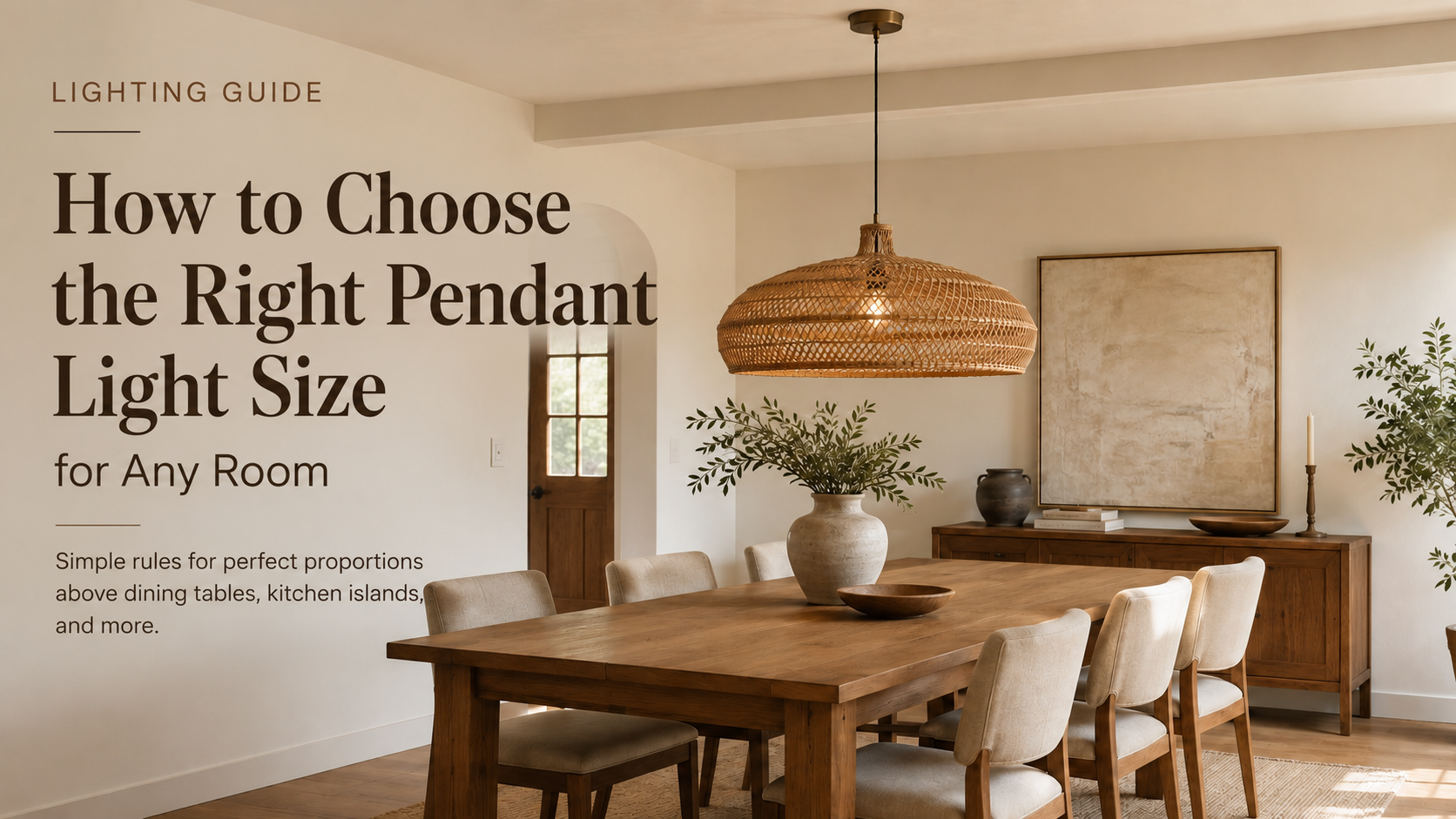 Warm modern dining room with a correctly sized woven pendant light above the table