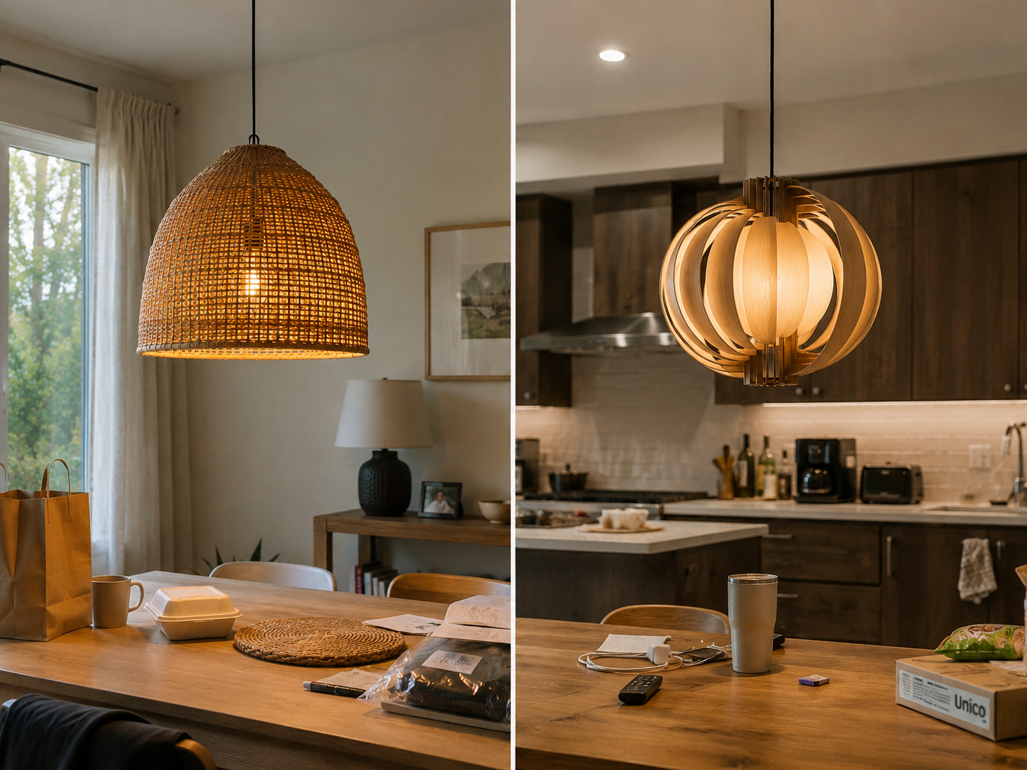 Rattan and wooden light fixtures bring different textures and visual weight to a natural interior.