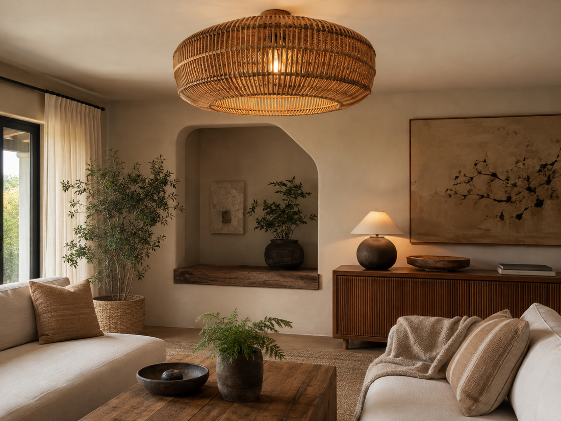 Bamboo pendant light glowing warmly in a natural bedroom interior with linen and wood tones