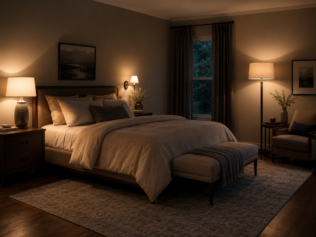 Warm bedroom lit by bedside wall sconces and table lamps with no ceiling fixture