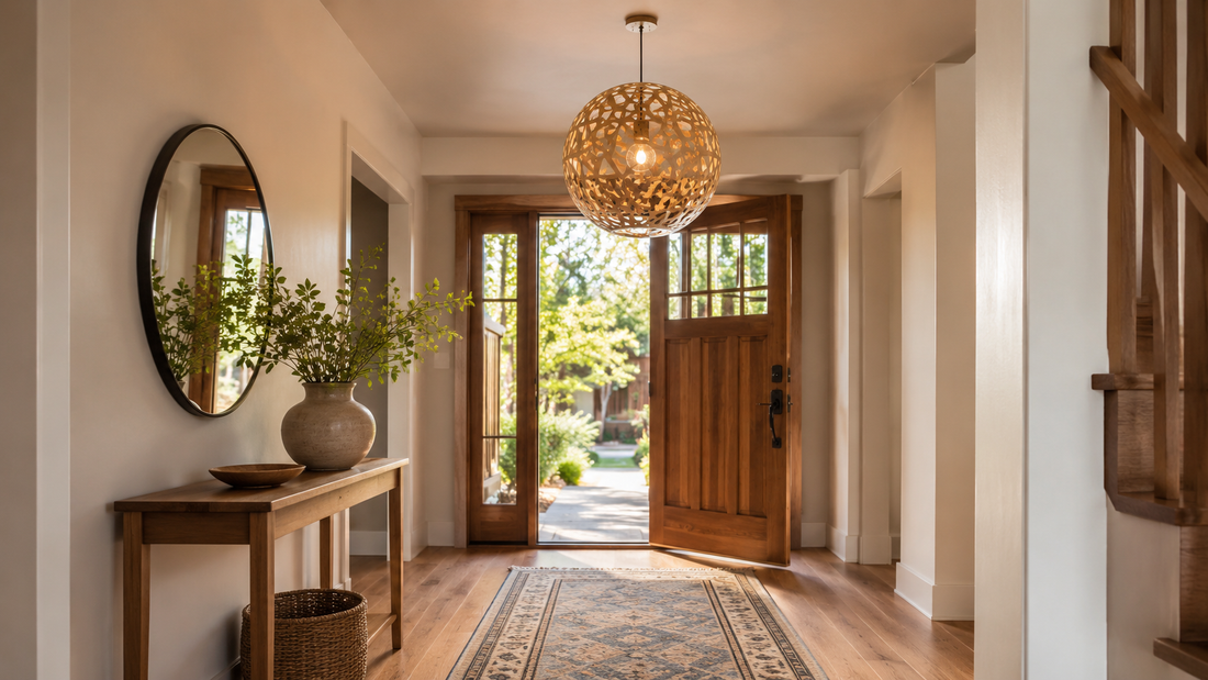 Wood veneer pendant light hanging in a compact entryway above a dark front door