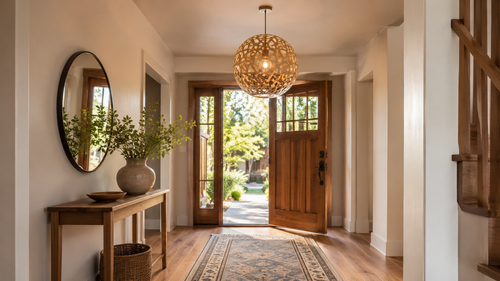 Wood veneer pendant light hanging in a compact entryway above a dark front door
