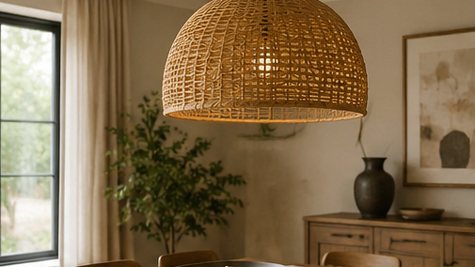 Clean woven rattan pendant light above a warm modern dining table