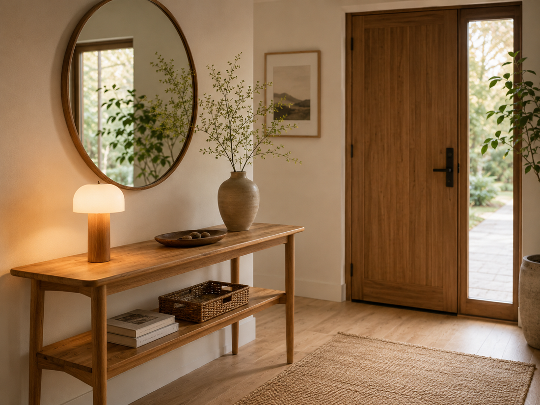 Rechargeable table lamp on an entryway console beside a round mirror and wooden front door.
