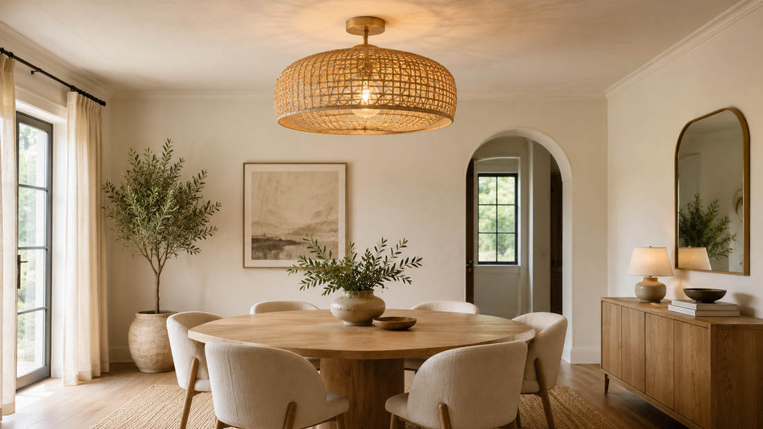 Large rattan ceiling light above a round oak dining table in a warm, neutral dining room