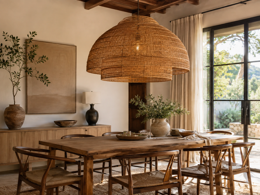 Rattan pendant lights above a warm wood dining table in an American dining room