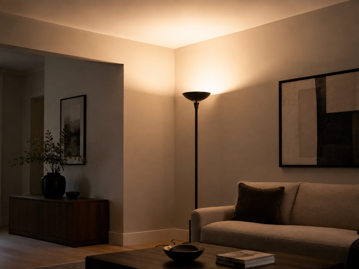 Living room without overhead lighting using layered floor lamps for ambient light