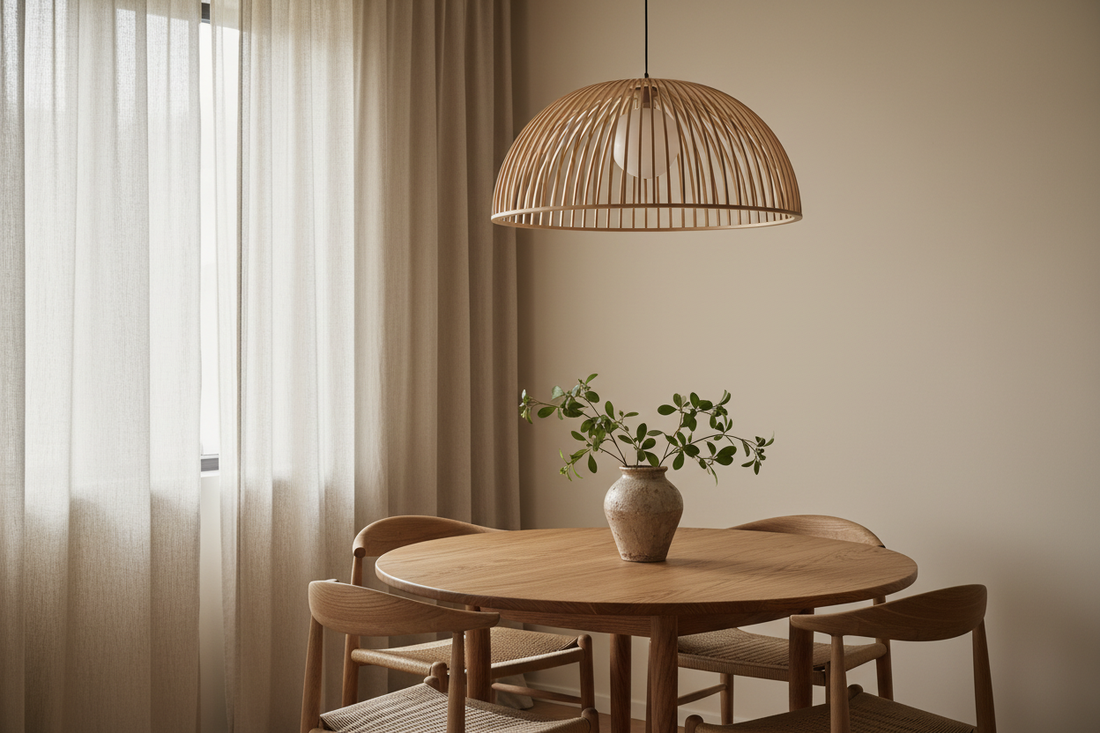 Wood veneer pendant light hanging above a round dining table in a warm, neutral Japandi interior