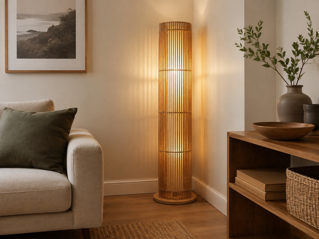 Modern living room with a bamboo floor lamp beside a sectional sofa, warm ambient light, natural materials