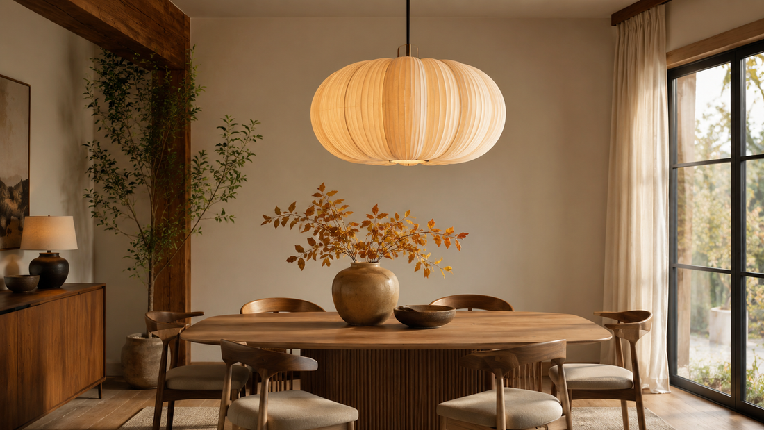 Pumpkin-shaped pendant light hanging in a warm modern dining interior
