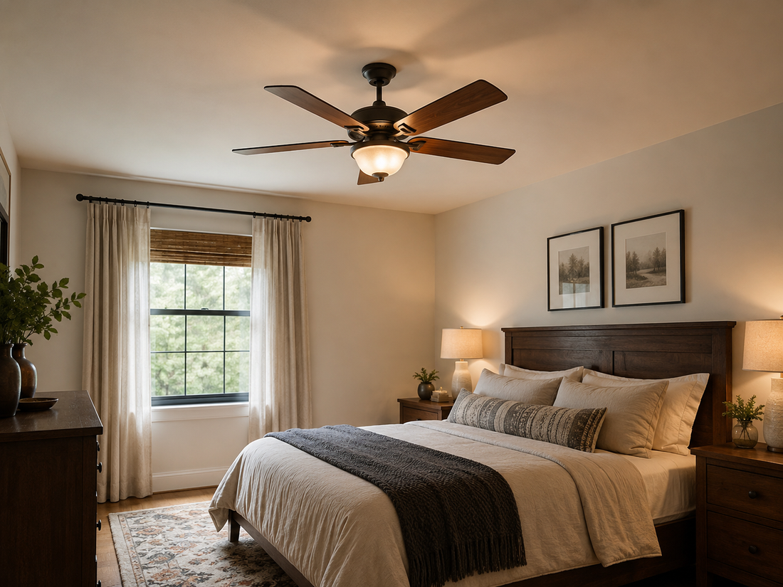 Aura wood blade ceiling fan with light — five solid wood blades and three amber glass shades