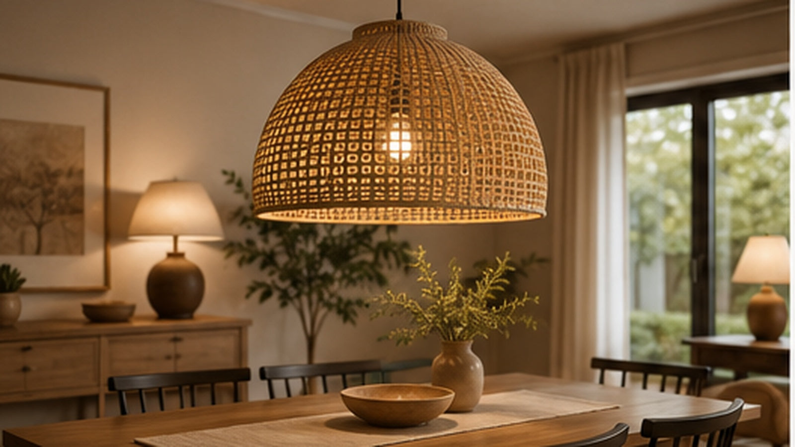 Rattan pendant light with layered lighting in a warm dining room