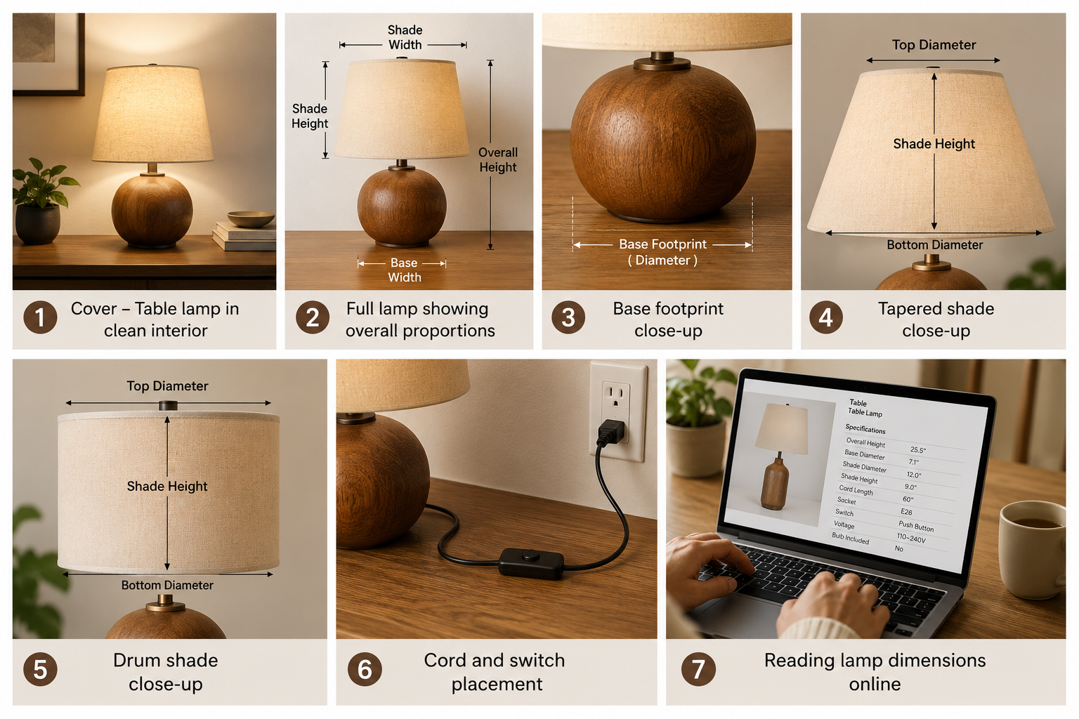 Table lamp measurement guide showing overall height, base footprint, shade width, shade height, cord and switch placement, and reading dimensions online