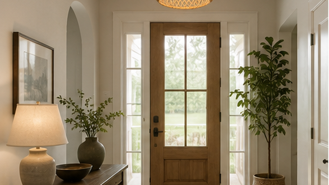 Rattan pendant light in a bright entryway with front door and sidelights