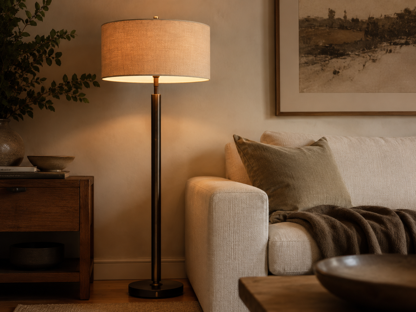 Arc floor lamp positioned behind a floating sofa in a warm Japandi living room