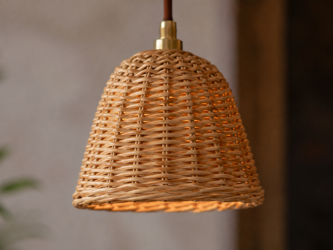Small rattan pendant light hanging above a reading chair in a warm modern interior