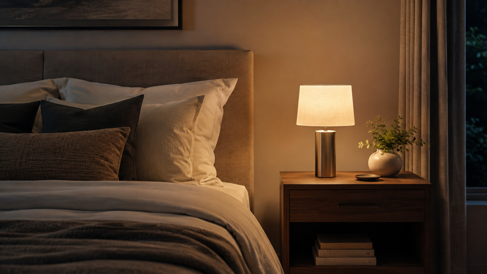Rechargeable mushroom table lamp glowing warm on a dark wood nightstand beside a bed