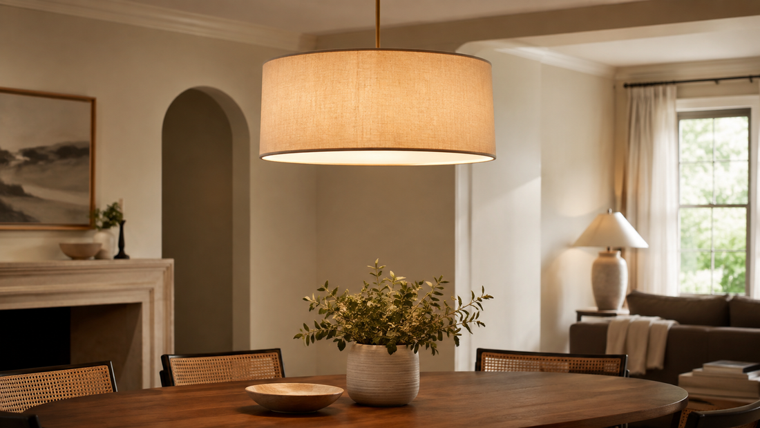 Fabric pendant light hanging in a warm modern interior