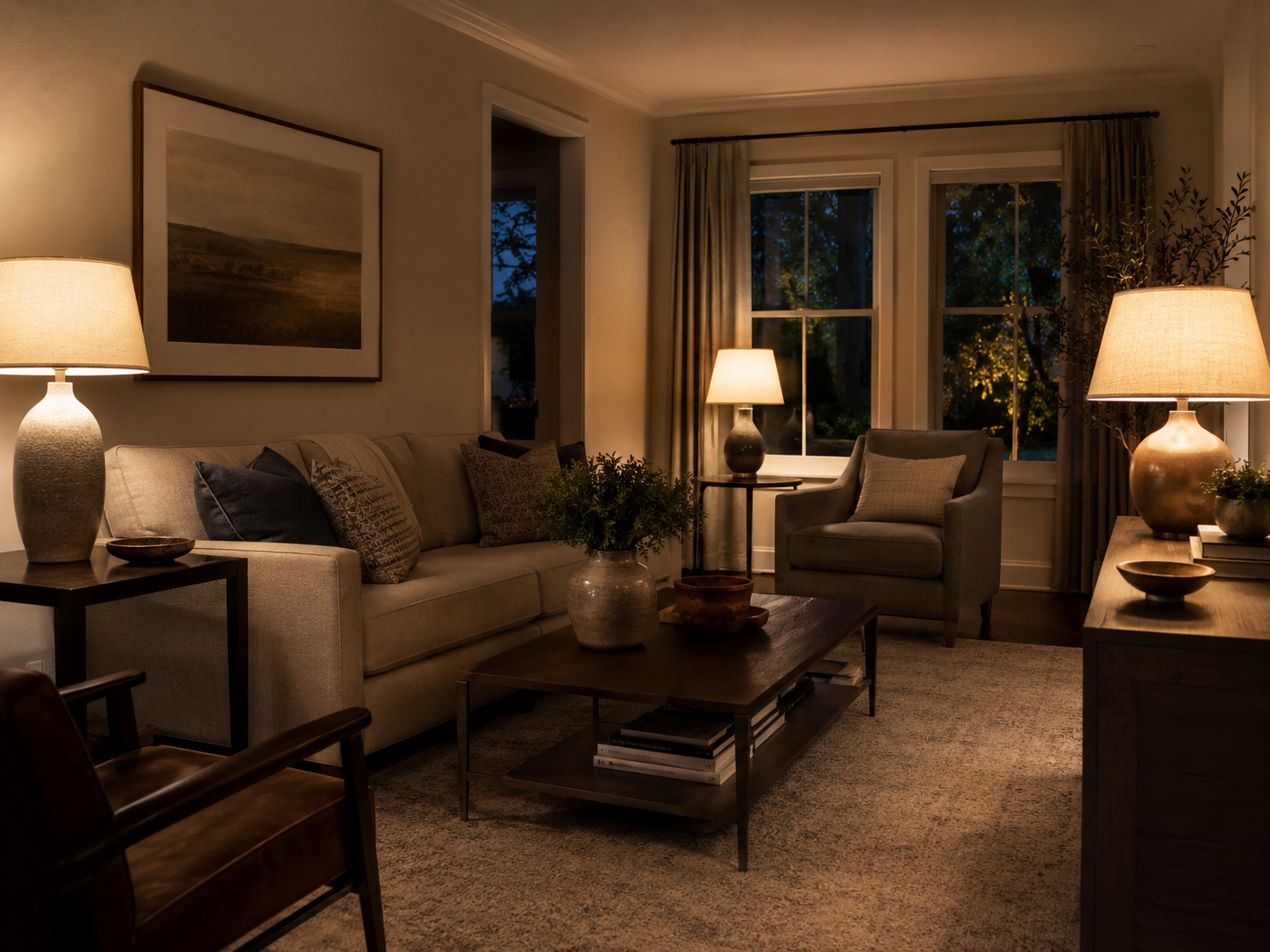 Four table lamp shade types — linen fabric, frosted glass, open rattan weave, and metal dome — lit and displayed on a wood surface showing different light transmission