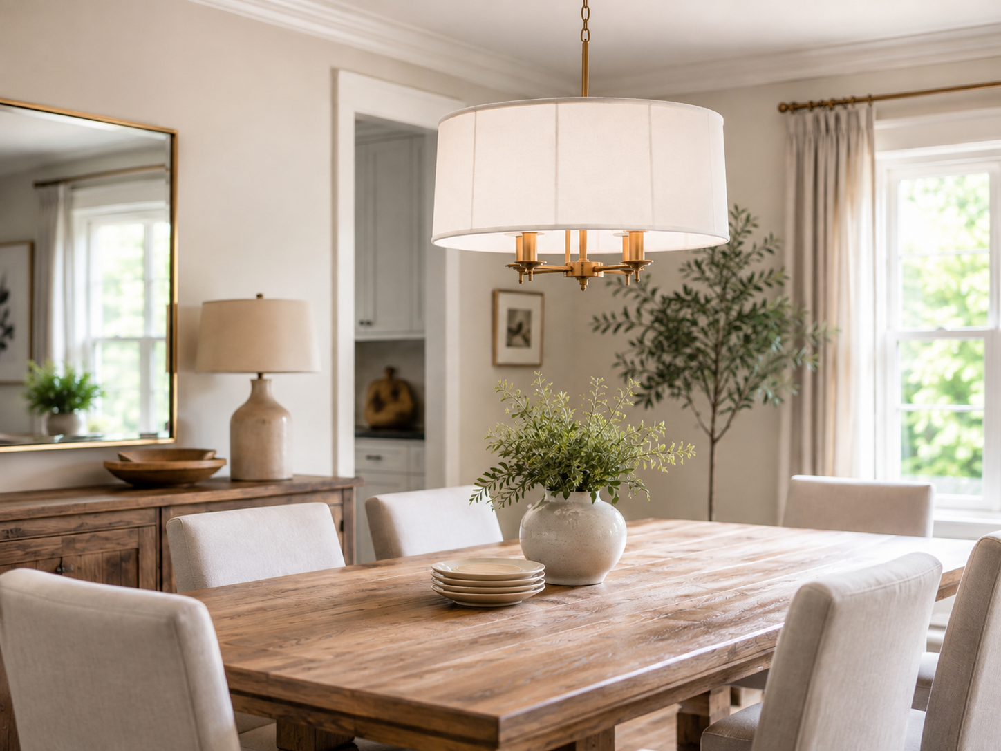 Woman using a duster to clean a linen drum chandelier shade in a bright dining room