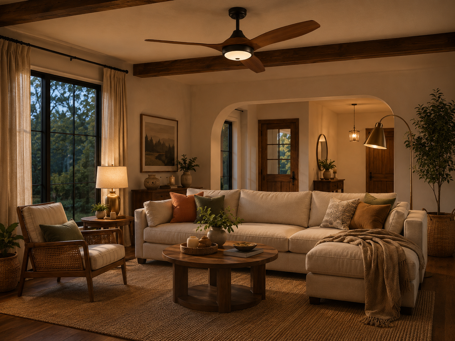 Wood ceiling fan with light in a warm neutral small bedroom with rattan chair and daybed