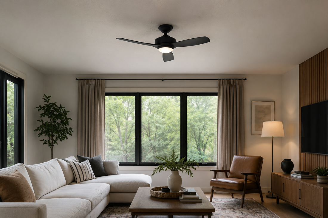 Flush-mount ceiling fan with light installed on a low ceiling in a bright US residential living room