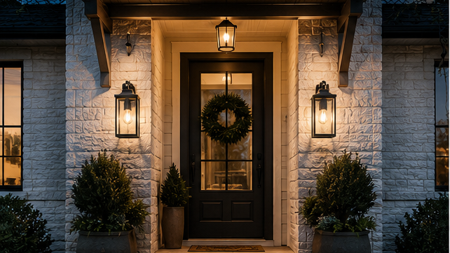 Single exterior wall sconce mounted beside a front door on white shiplap siding at dusk