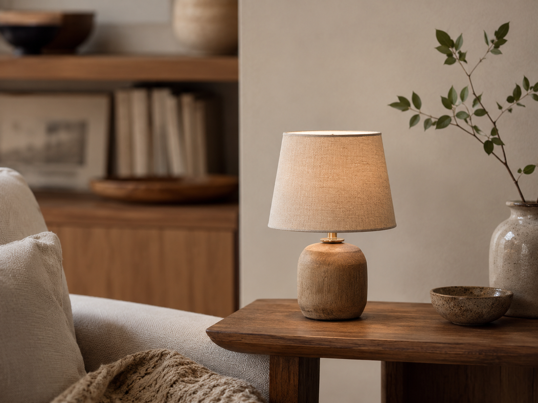 Table lamp on a wooden end table beside a linen sofa in a warm living room, showing lamp and sofa scale