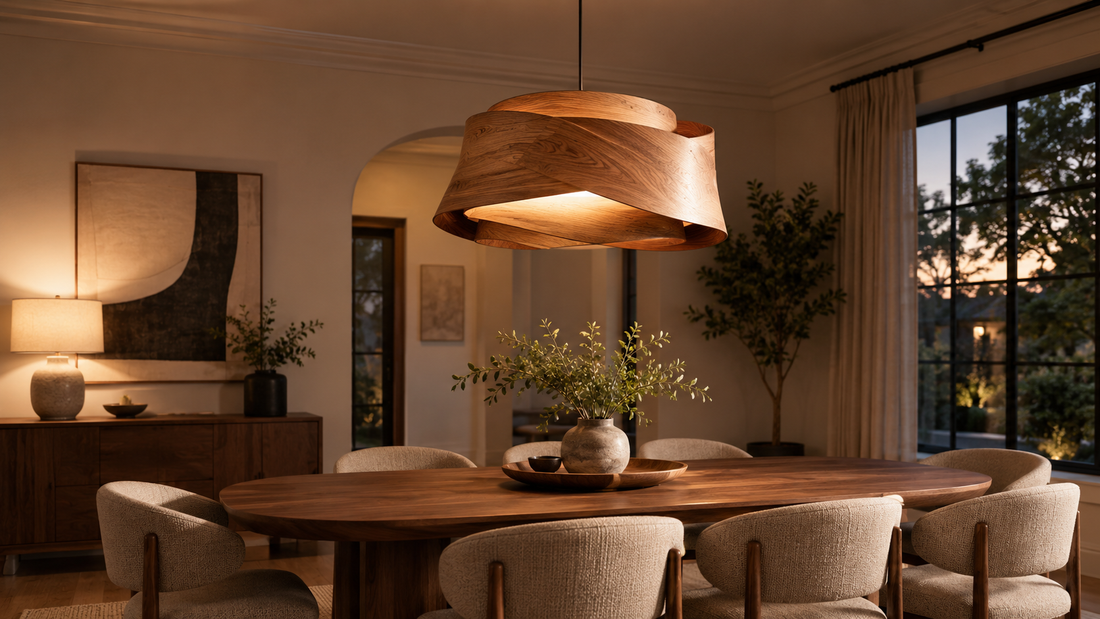Warm modern dining room with dark wood veneer pendant light above a round table