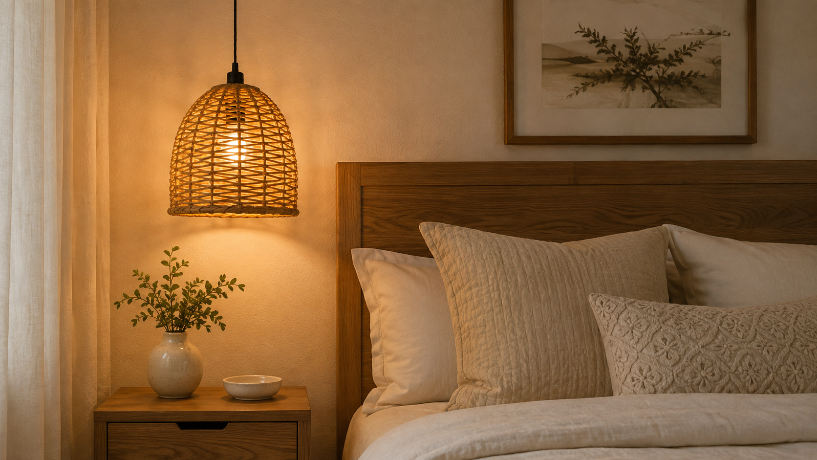 Rattan pendant light hanging beside a bed with wood nightstand and plant in a warm bedroom