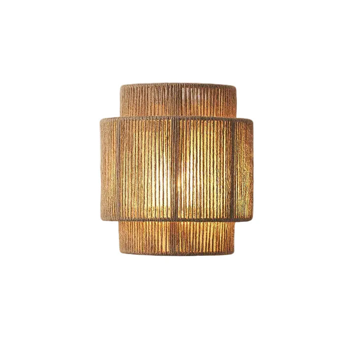 Woven rope drum wall sconce shade in tan with vertical textured strands