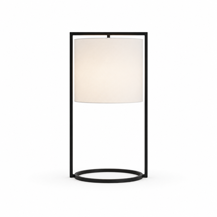 Matte black table lamp with square fabric shade and circular base ring.