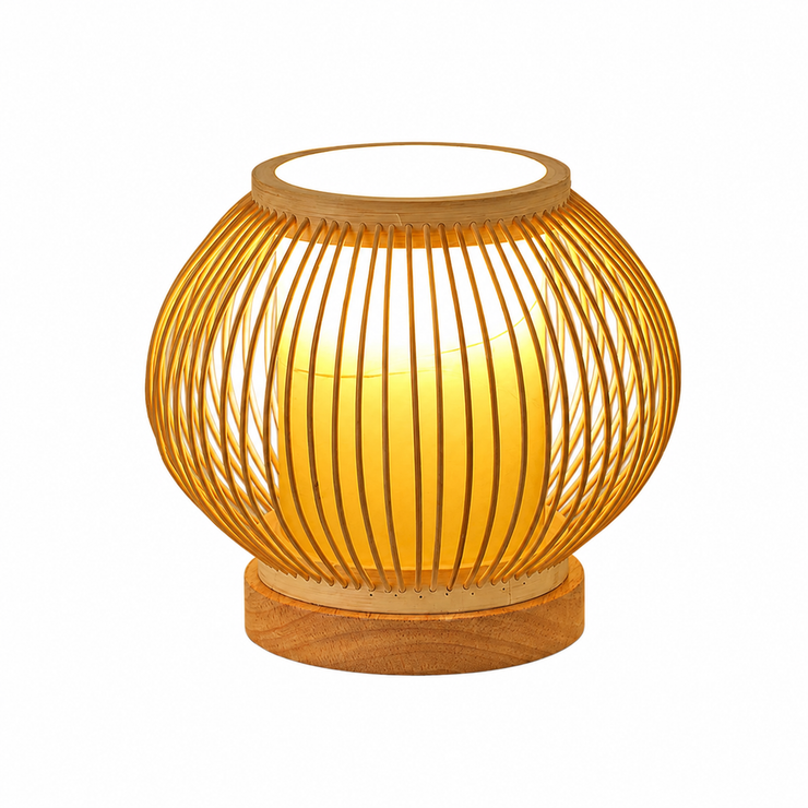 Gold wire cage rechargeable table lamp with circular top ring and wooden base.