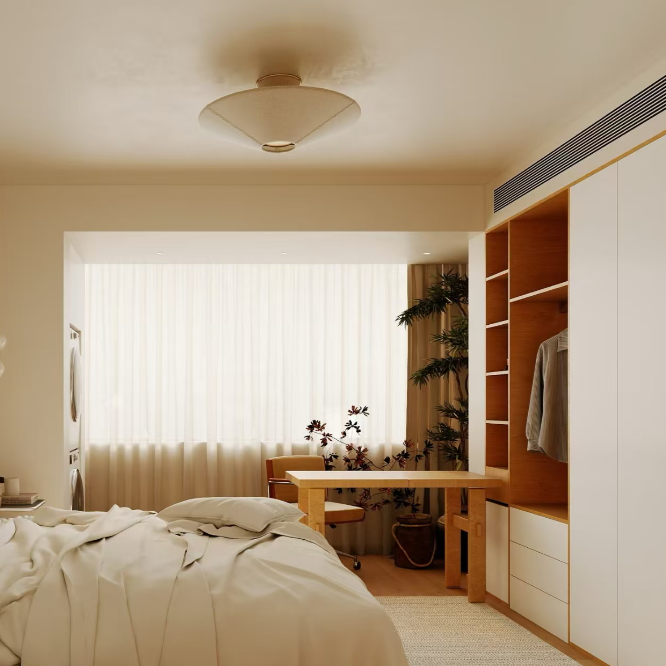 Beige fabric flush mount ceiling light with round woven shade and gold hardware